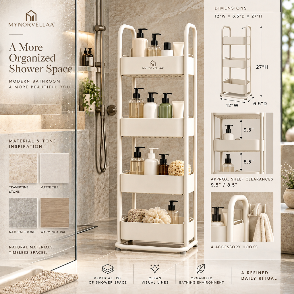 MYNORVELLAA™ Freestanding Shower Caddy - More shower storage. Nothing added to the wall.