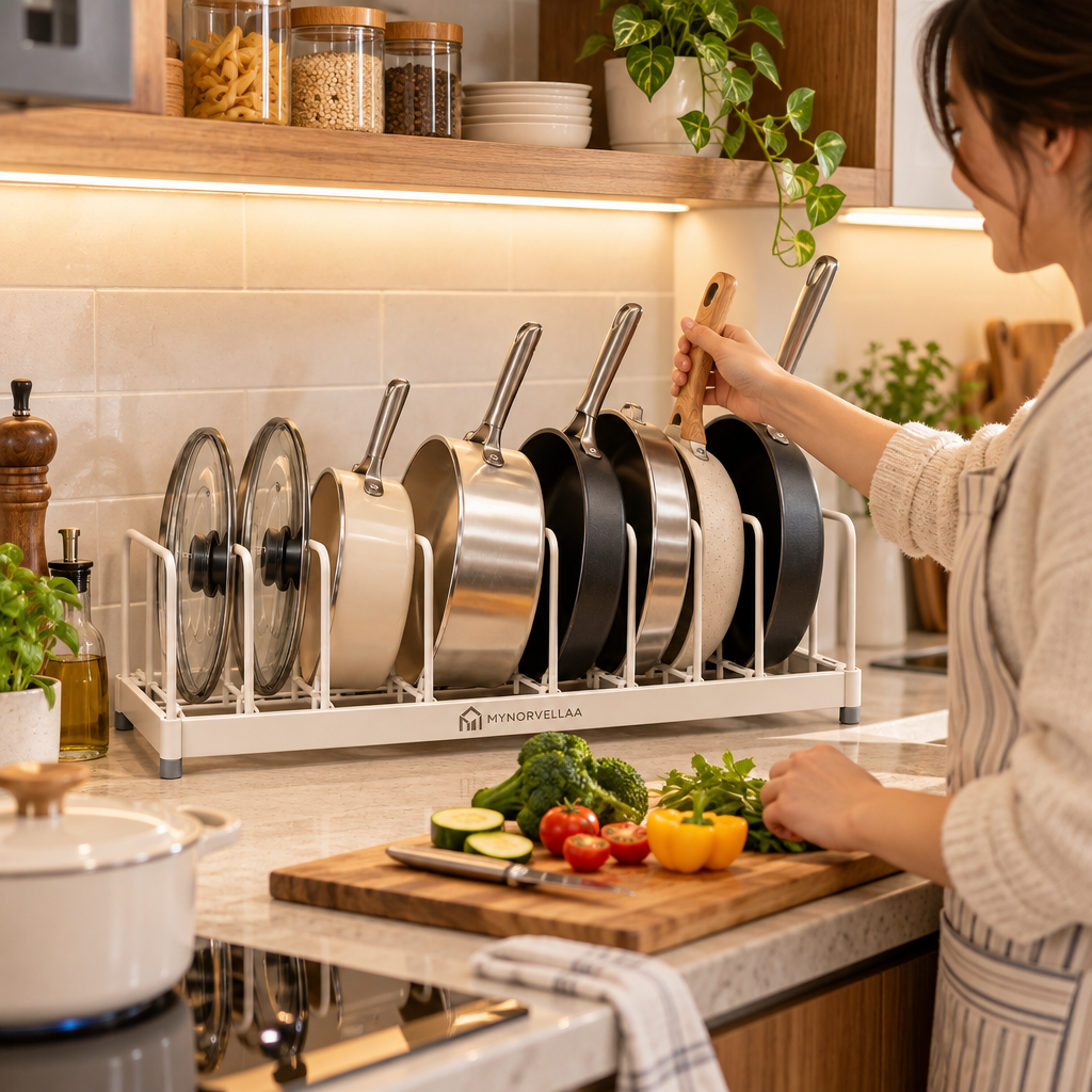 Adjustable Cookware Organizer - Keep pots, pans and lids standing where you can actually reach them.
