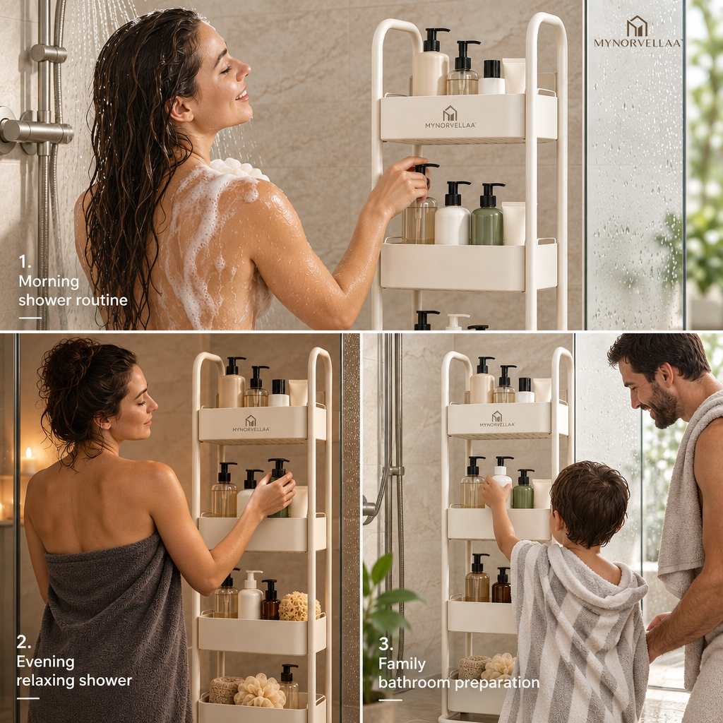 MYNORVELLAA™ Freestanding Shower Caddy - More shower storage. Nothing added to the wall.