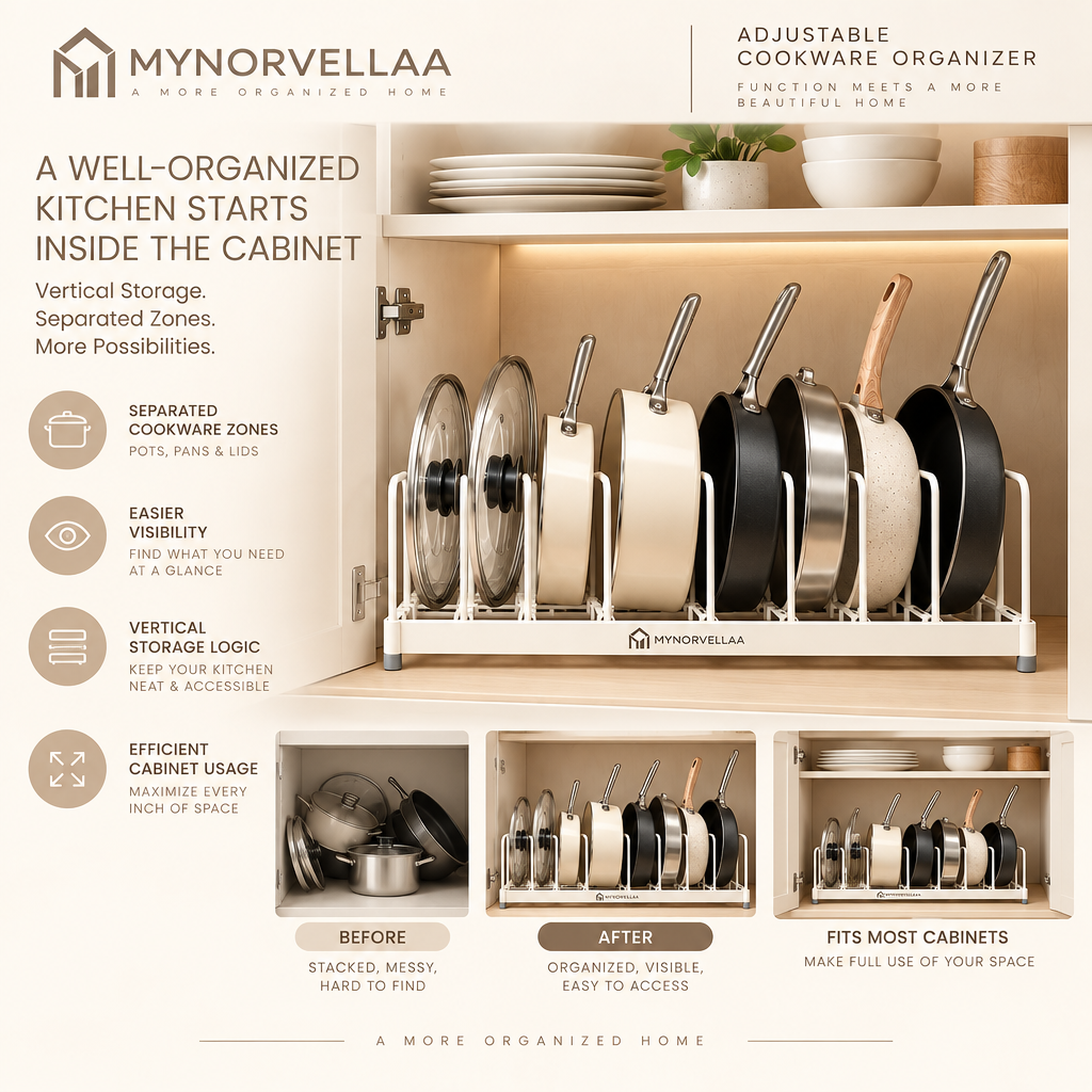 Adjustable Cookware Organizer - Keep pots, pans and lids standing where you can actually reach them.