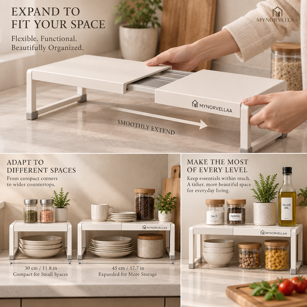 MYNORVELLAA™ Expandable Shelf Riser - Add another usable level wherever a shelf has room to spare.
