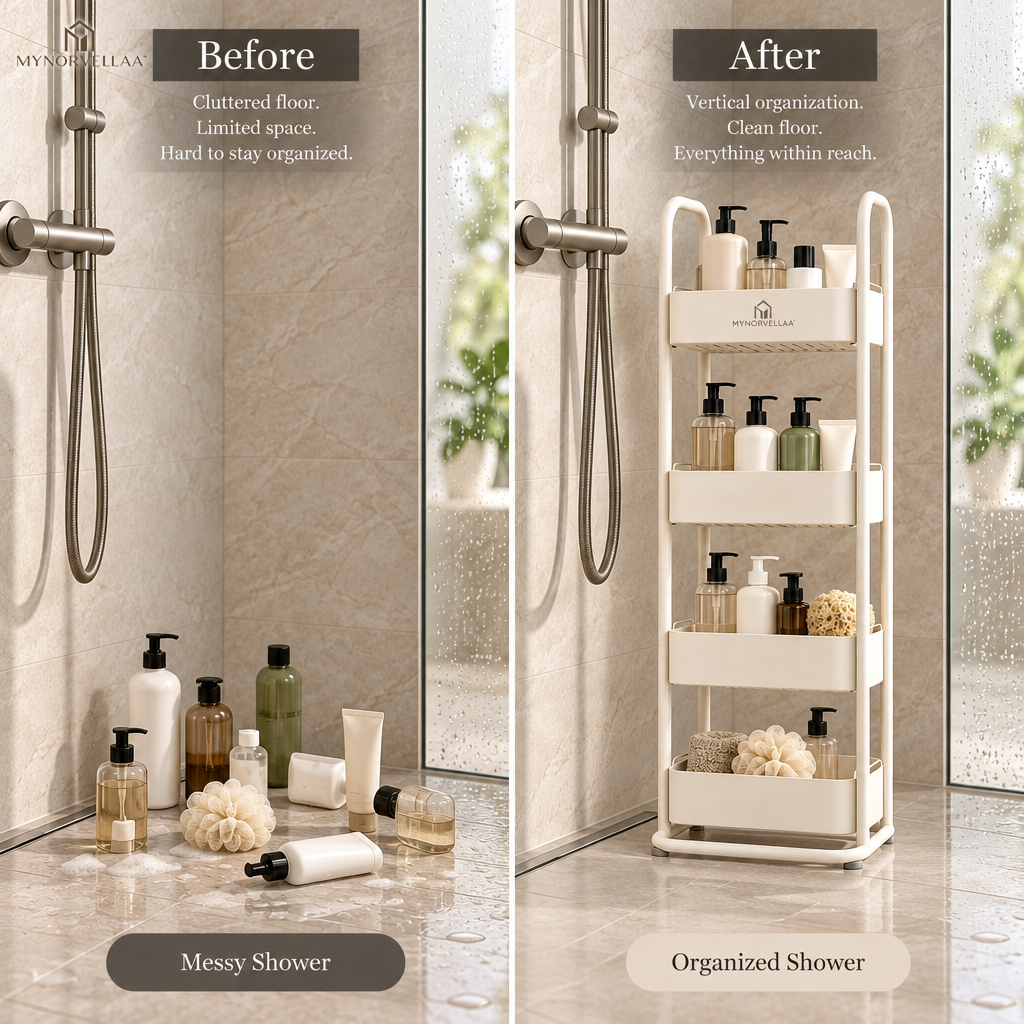 MYNORVELLAA™ Freestanding Shower Caddy - More shower storage. Nothing added to the wall.