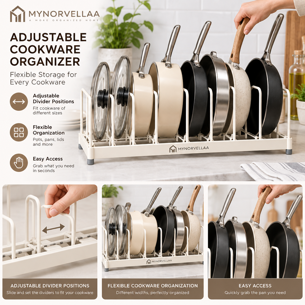 Adjustable Cookware Organizer - Keep pots, pans and lids standing where you can actually reach them.