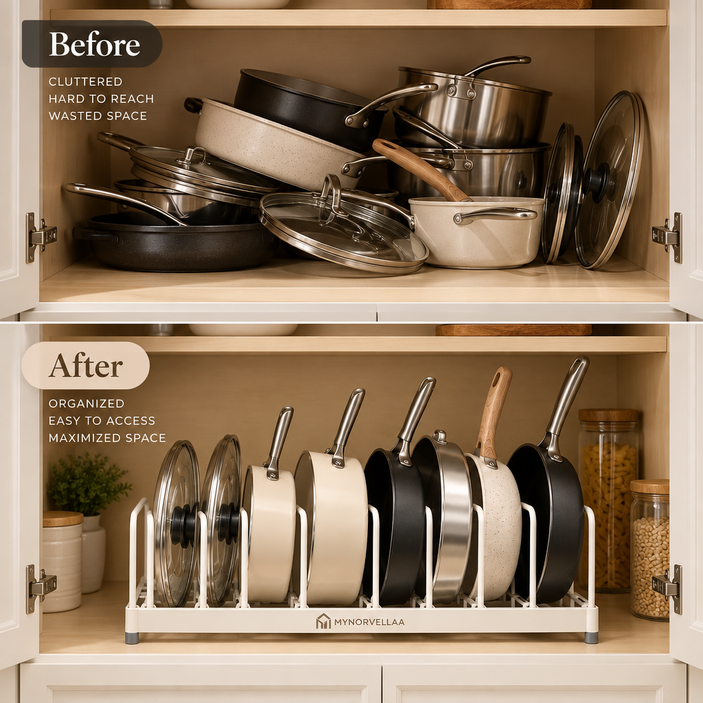 Adjustable Cookware Organizer - Keep pots, pans and lids standing where you can actually reach them.