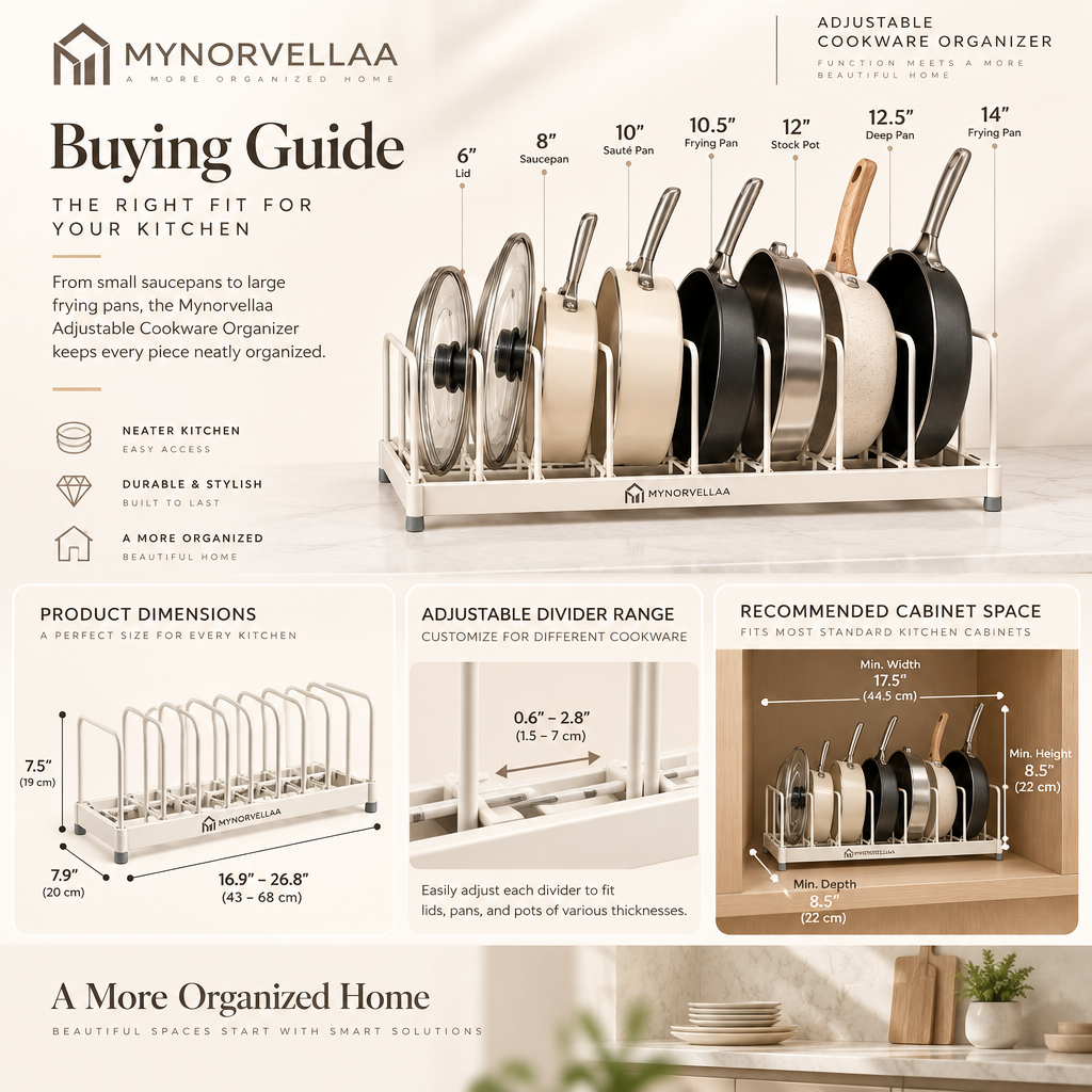 Adjustable Cookware Organizer - Keep pots, pans and lids standing where you can actually reach them.