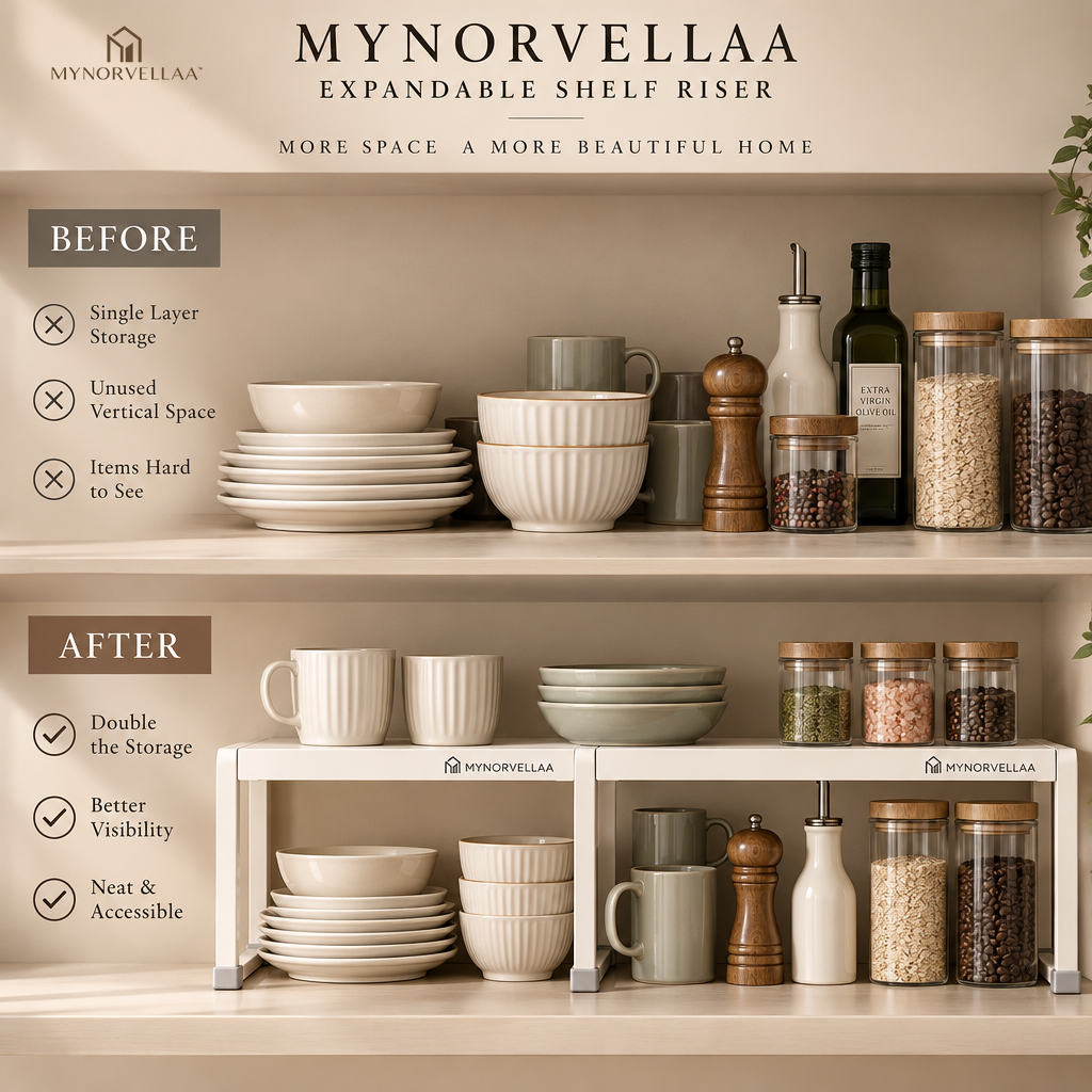 MYNORVELLAA™ Expandable Shelf Riser - Add another usable level wherever a shelf has room to spare.