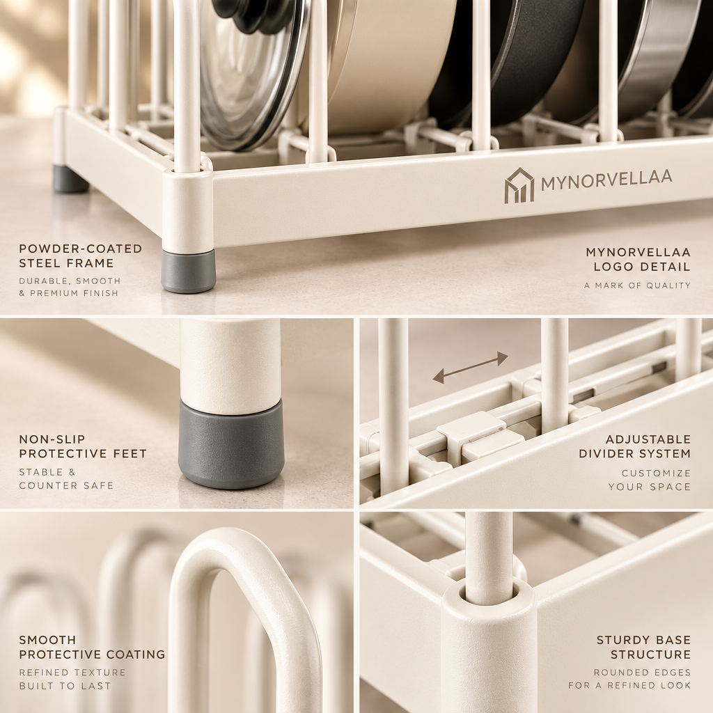Adjustable Cookware Organizer - Keep pots, pans and lids standing where you can actually reach them.