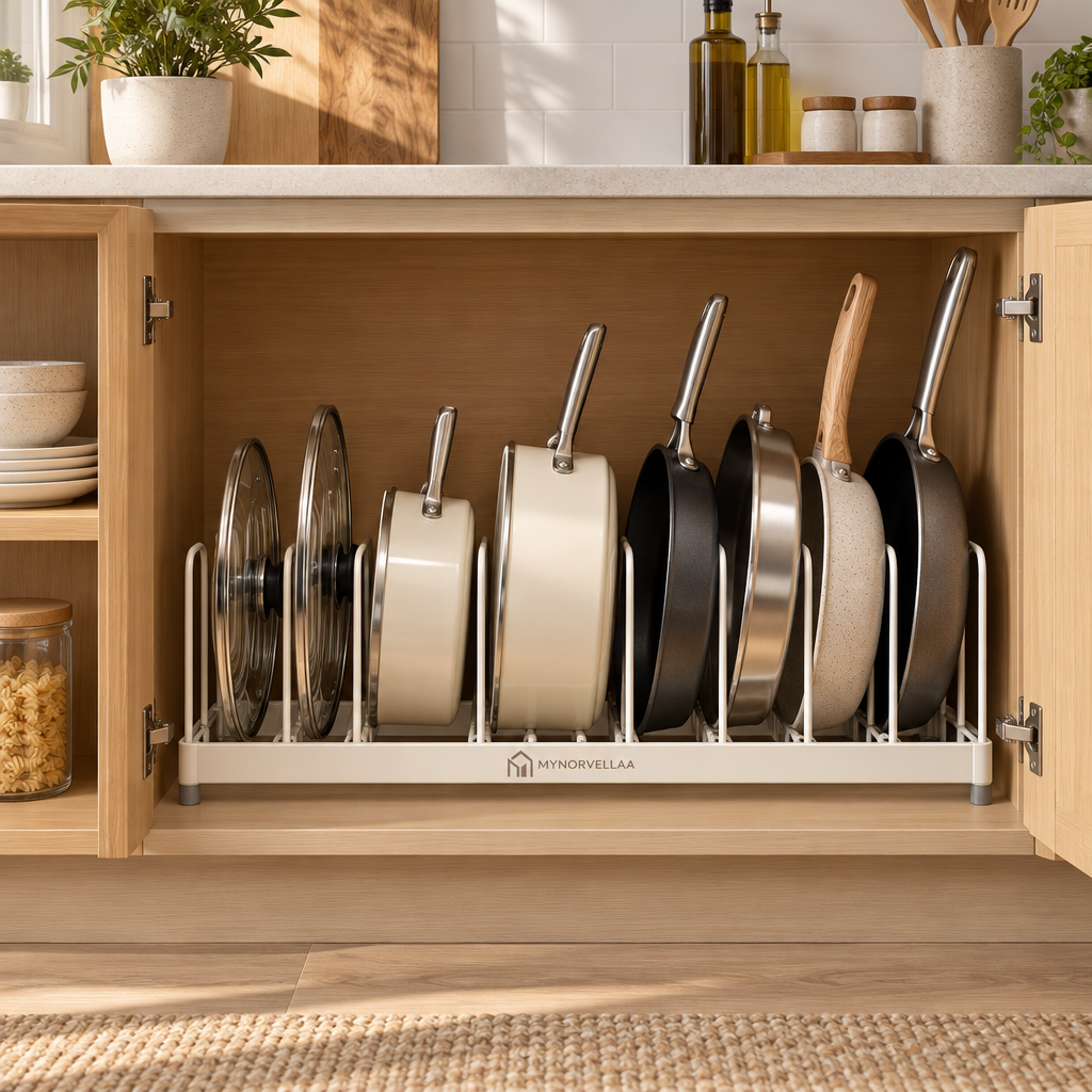 Adjustable Cookware Organizer - Keep pots, pans and lids standing where you can actually reach them.