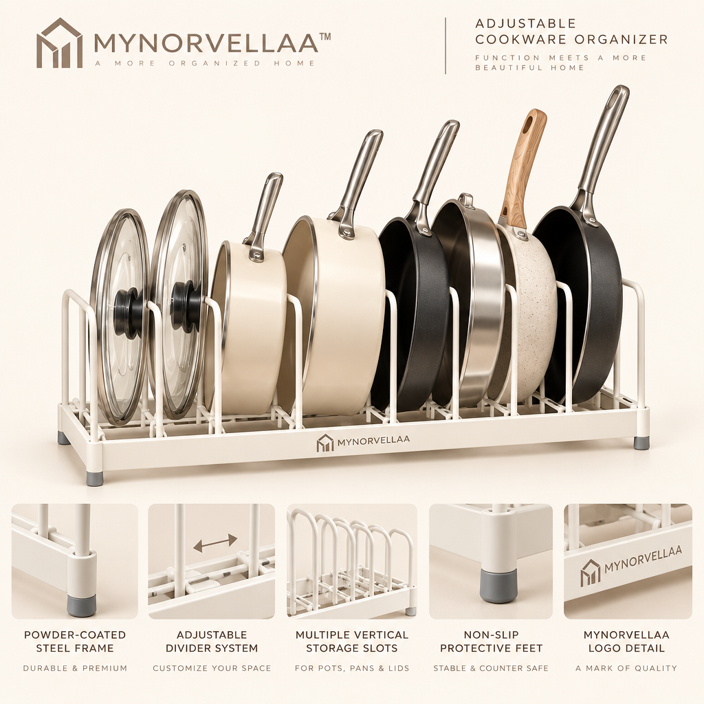 MYNORVELLAA™ Adjustable Cookware Organizer - Keep pots, pans and lids standing where you can actually reach them.