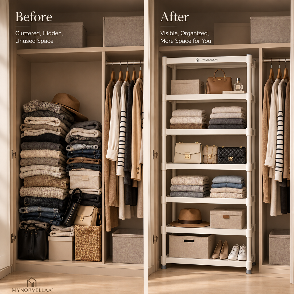 MYNORVELLAA™ Modular Closet Shelf Organizer - Give folded clothes enough structure to stay folded.