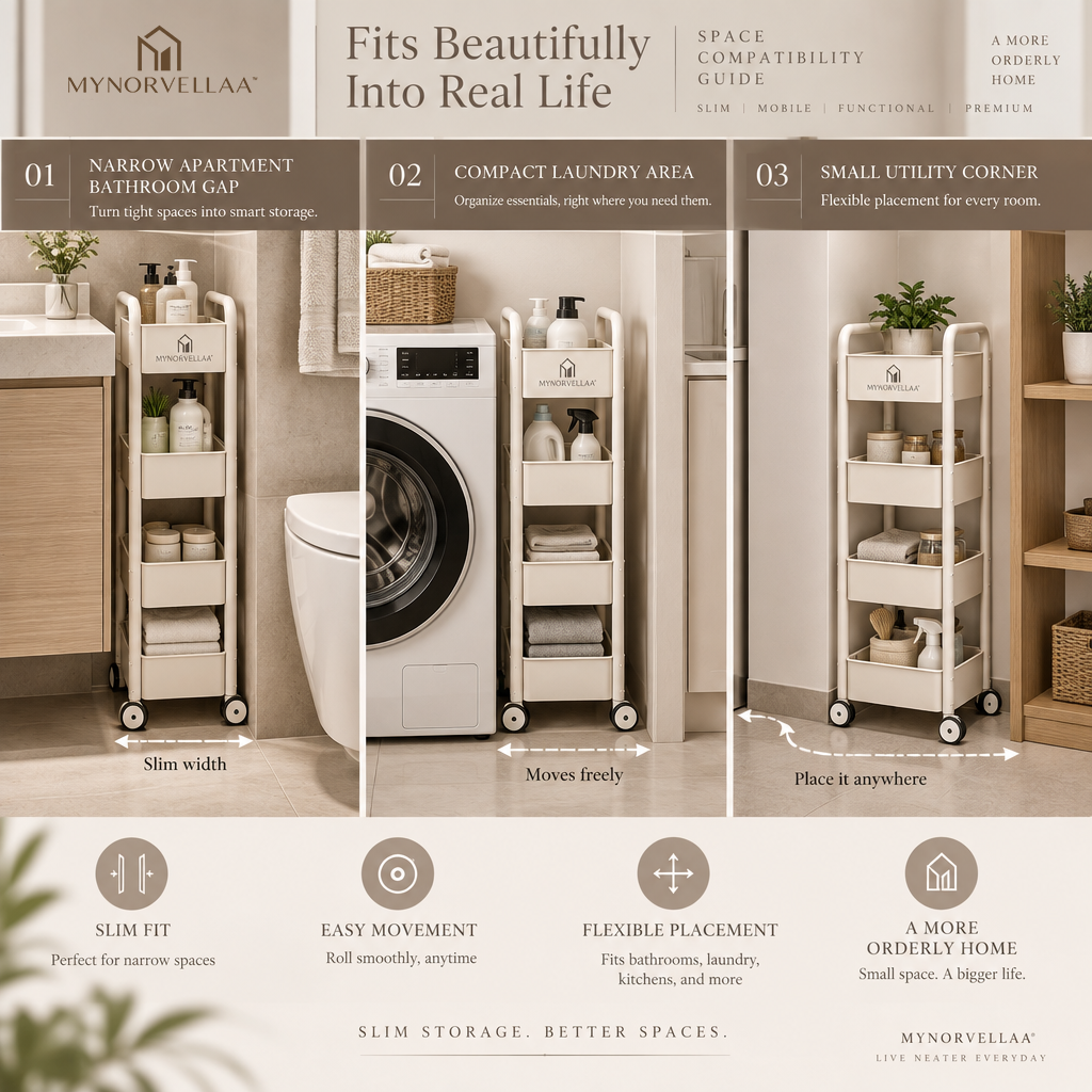 MYNORVELLAA™ Slim Rolling Bathroom Storage Cart - Useful storage, in just 6.5 inches of space.